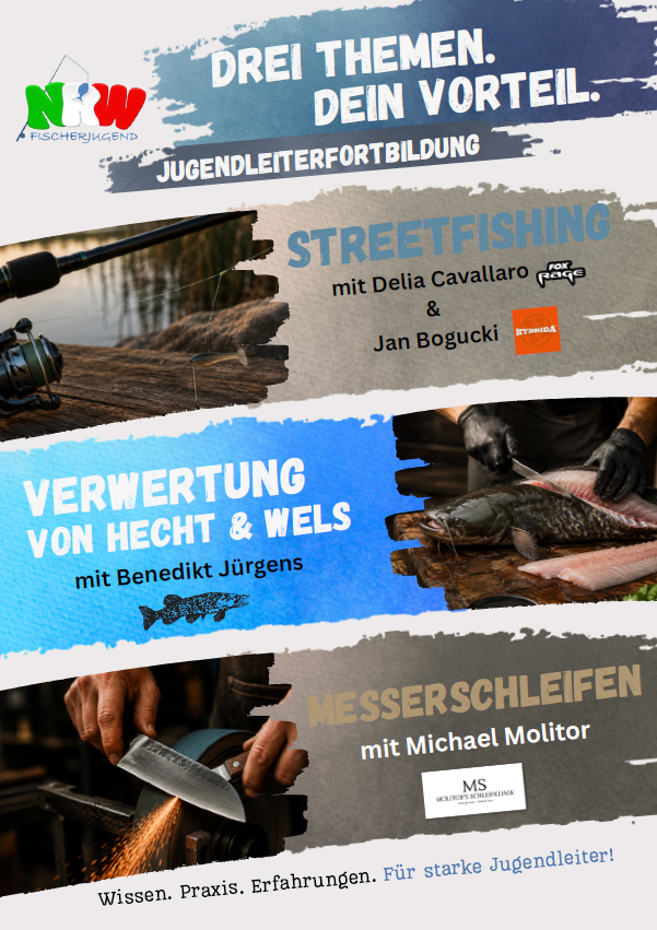 Titelblatt des Flyers für die Jugendleitungsfortbildung der Fischerjugend NRW